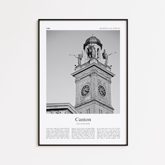 Canton Ohio Black and White Historic Clock Tower Angels Photo Poster