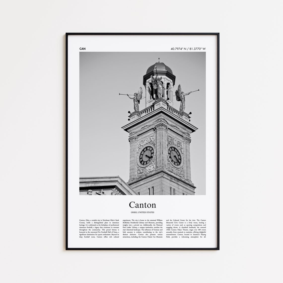 Canton Ohio Black and White Historic Clock Tower Angels Photo Poster