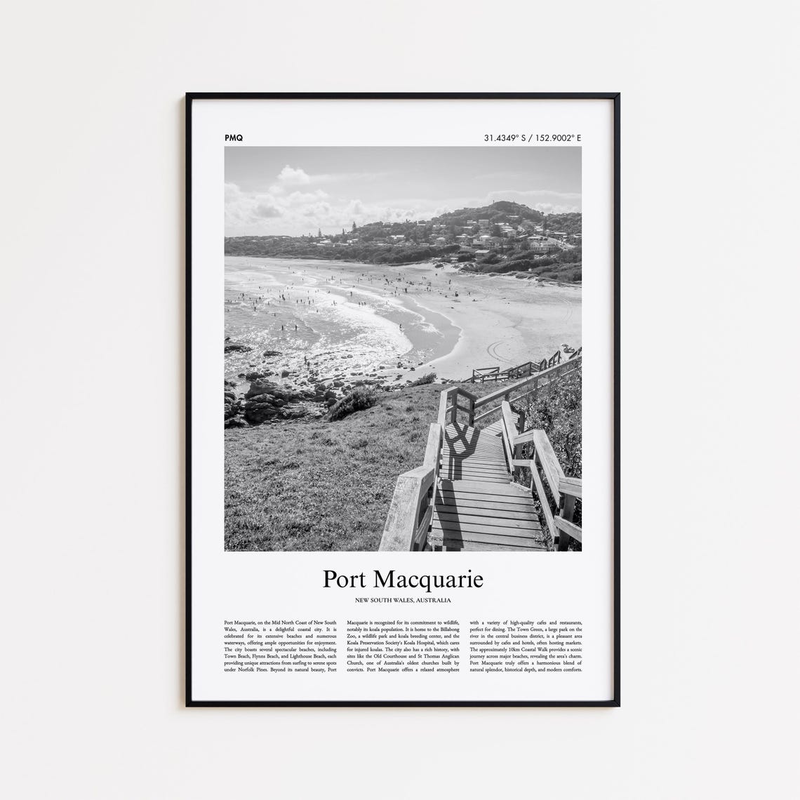 Port Macquarie Beach Boardwalk Black and White Coastal Travel Poster