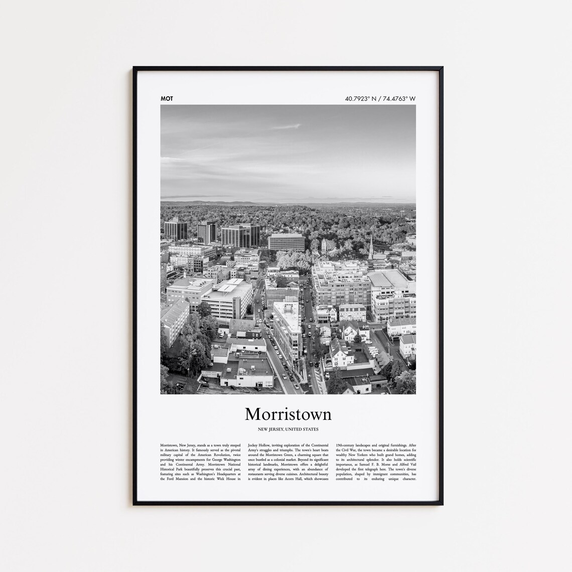 Morristown New Jersey Downtown Aerial Black White Photography Travel Poster