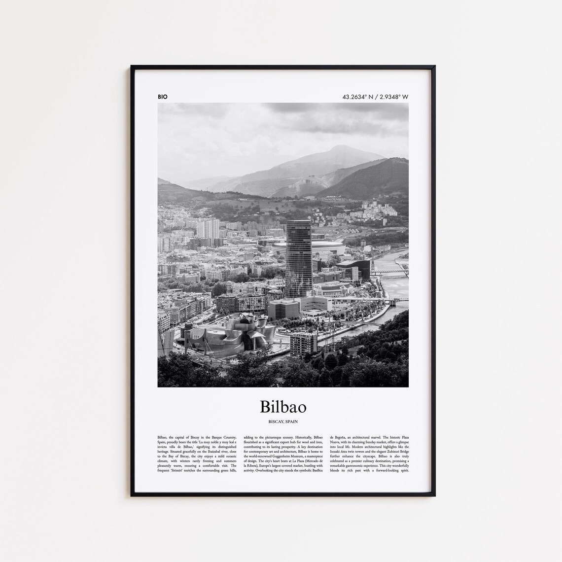 Bilbao Spain Black And White Aerial City Photo Travel Poster