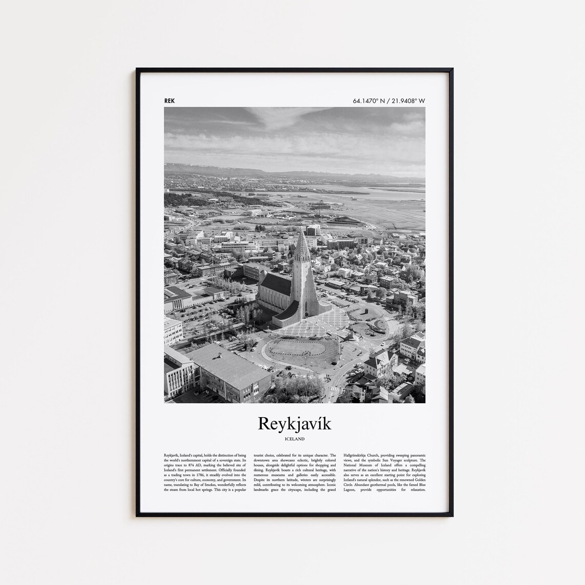 Reykjavik Iceland Hallgrimskirkja Church Black and White Photo Poster