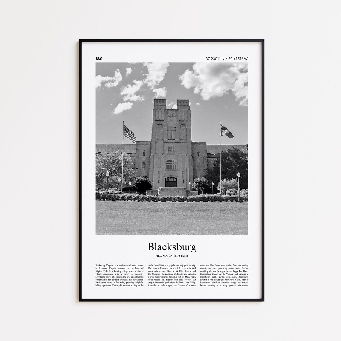 Blacksburg Virginia Black and White Historic Landmark Travel Poster