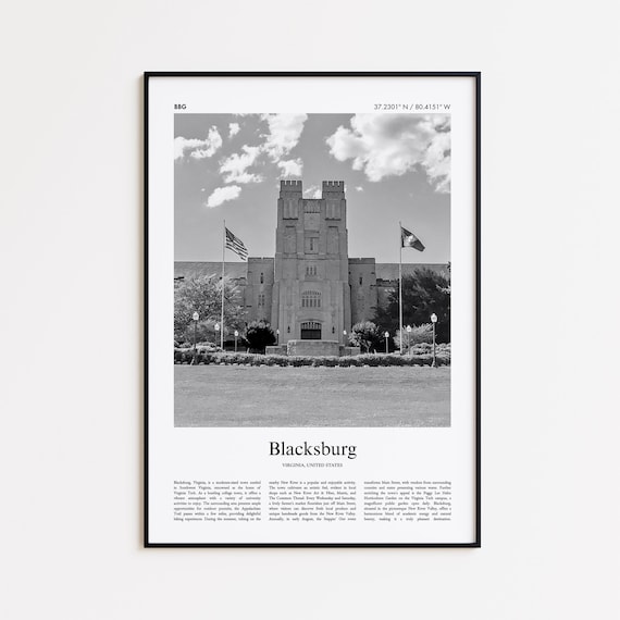 Blacksburg Virginia Black and White Historic Landmark Travel Poster