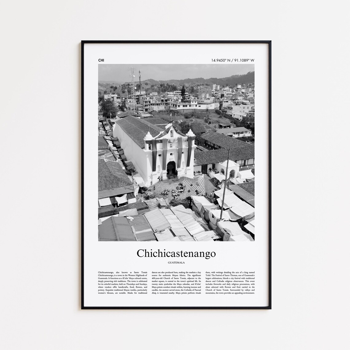 Chichicastenango Guatemala Market Church Black and White Travel Poster
