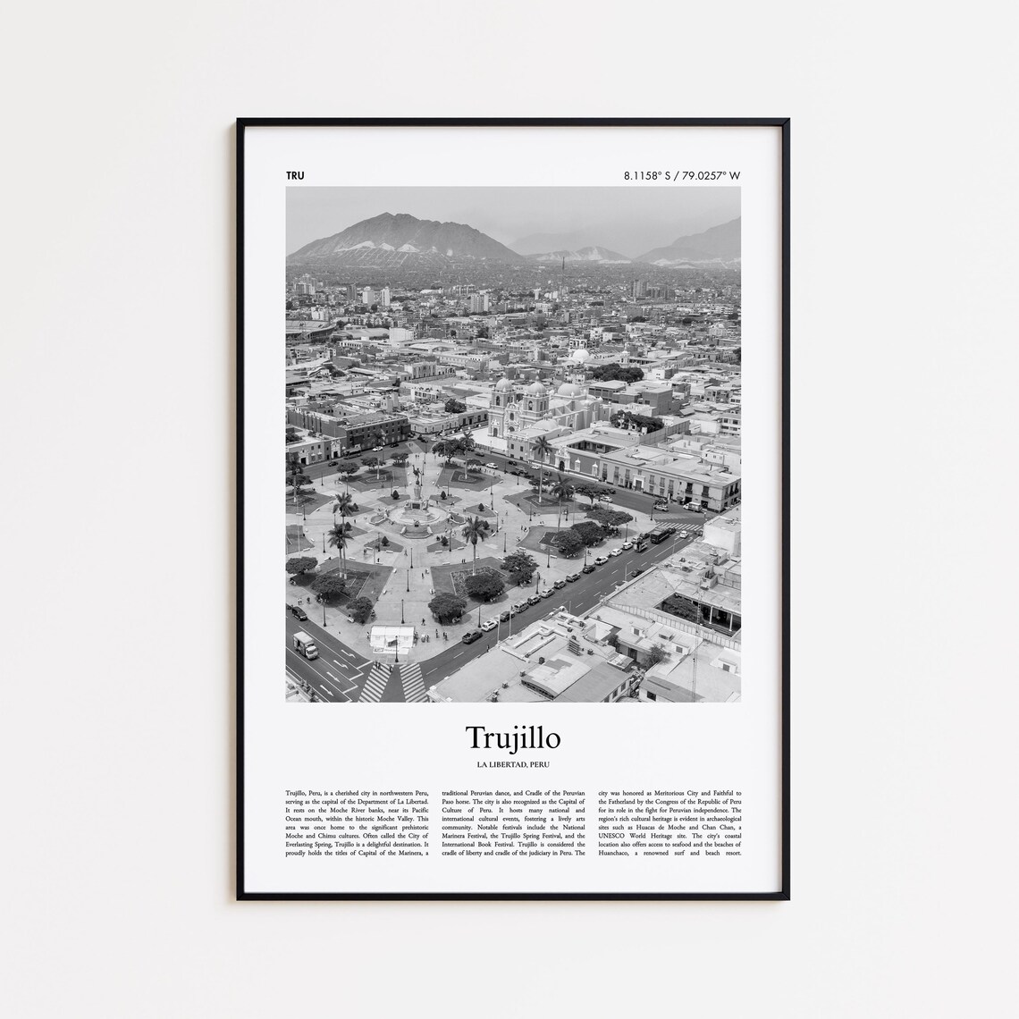 Trujillo Peru Colonial City Aerial Black and White Photo Poster