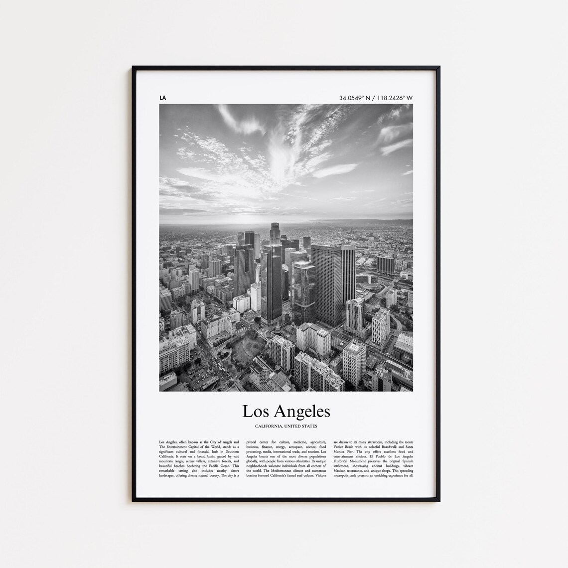 Los Angeles California Black and White Photo Travel Poster Skyline