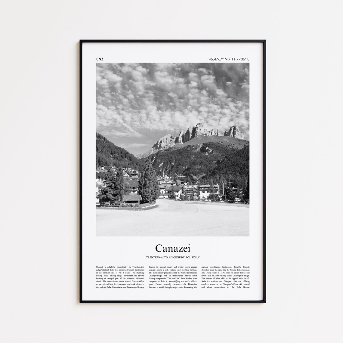 Canazei Black and White Travel Poster, Italy