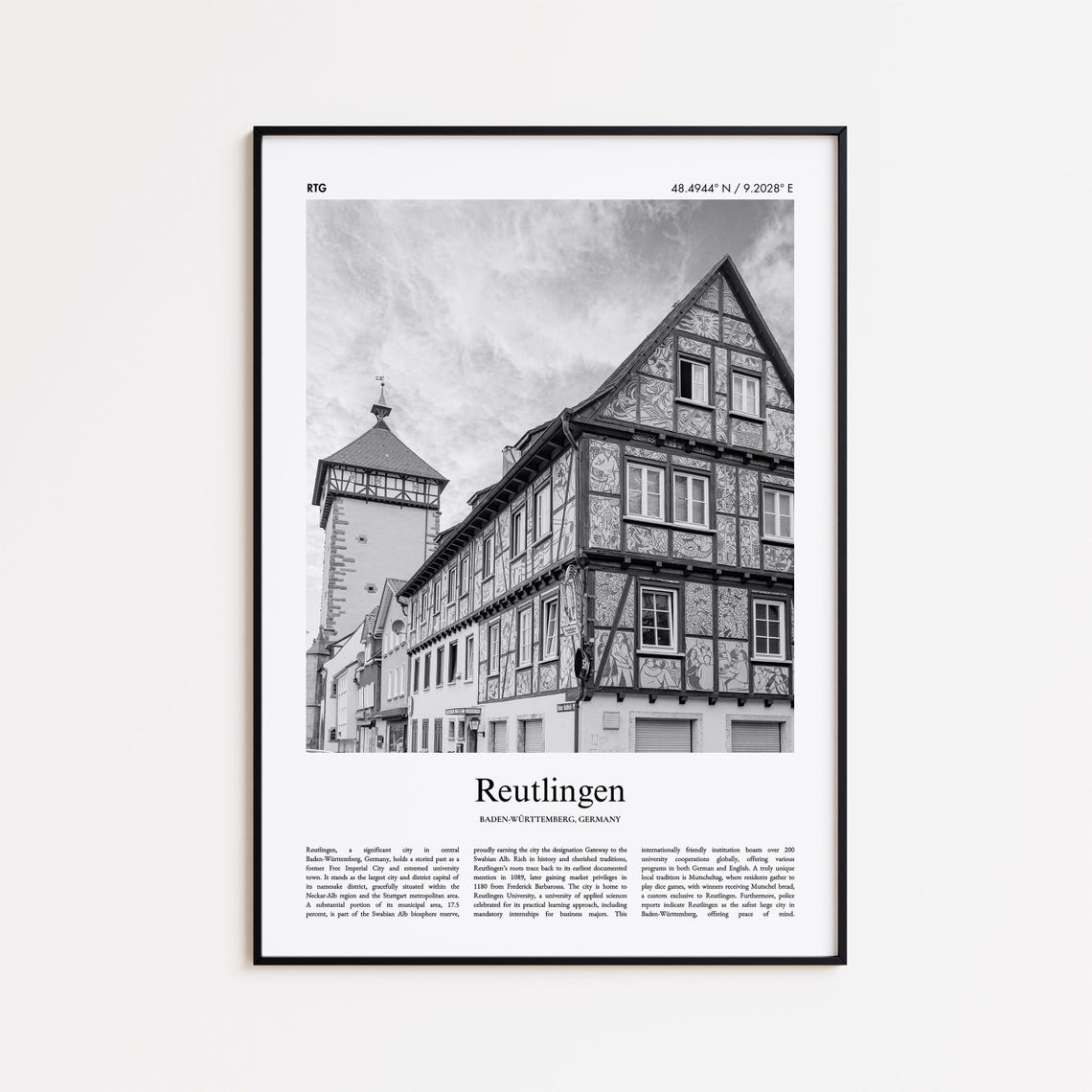 Reutlingen Germany Half Timbered Houses Black And White Travel Poster