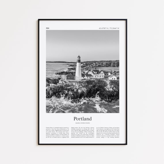 Portland Maine Black and White Lighthouse Coastal Travel Poster