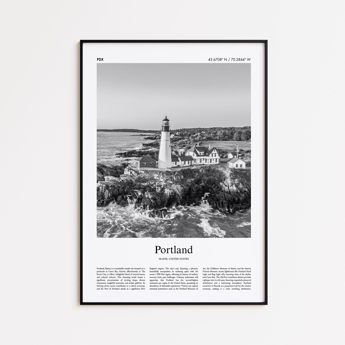 Portland Maine Black and White Lighthouse Coastal Travel Poster