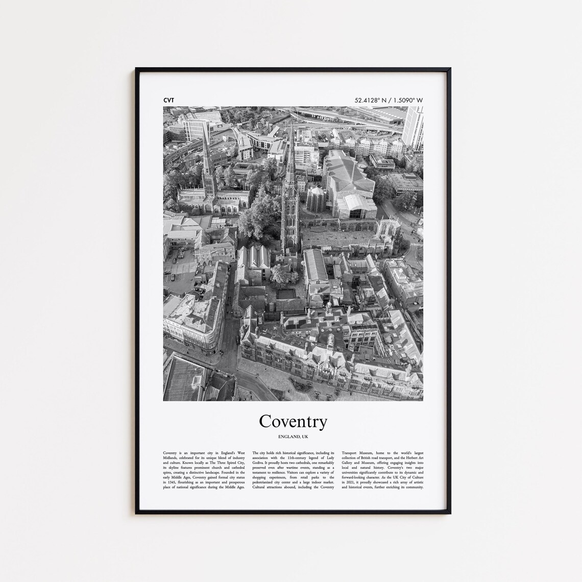 Coventry England Historic Spires Black And White Aerial Photo Poster
