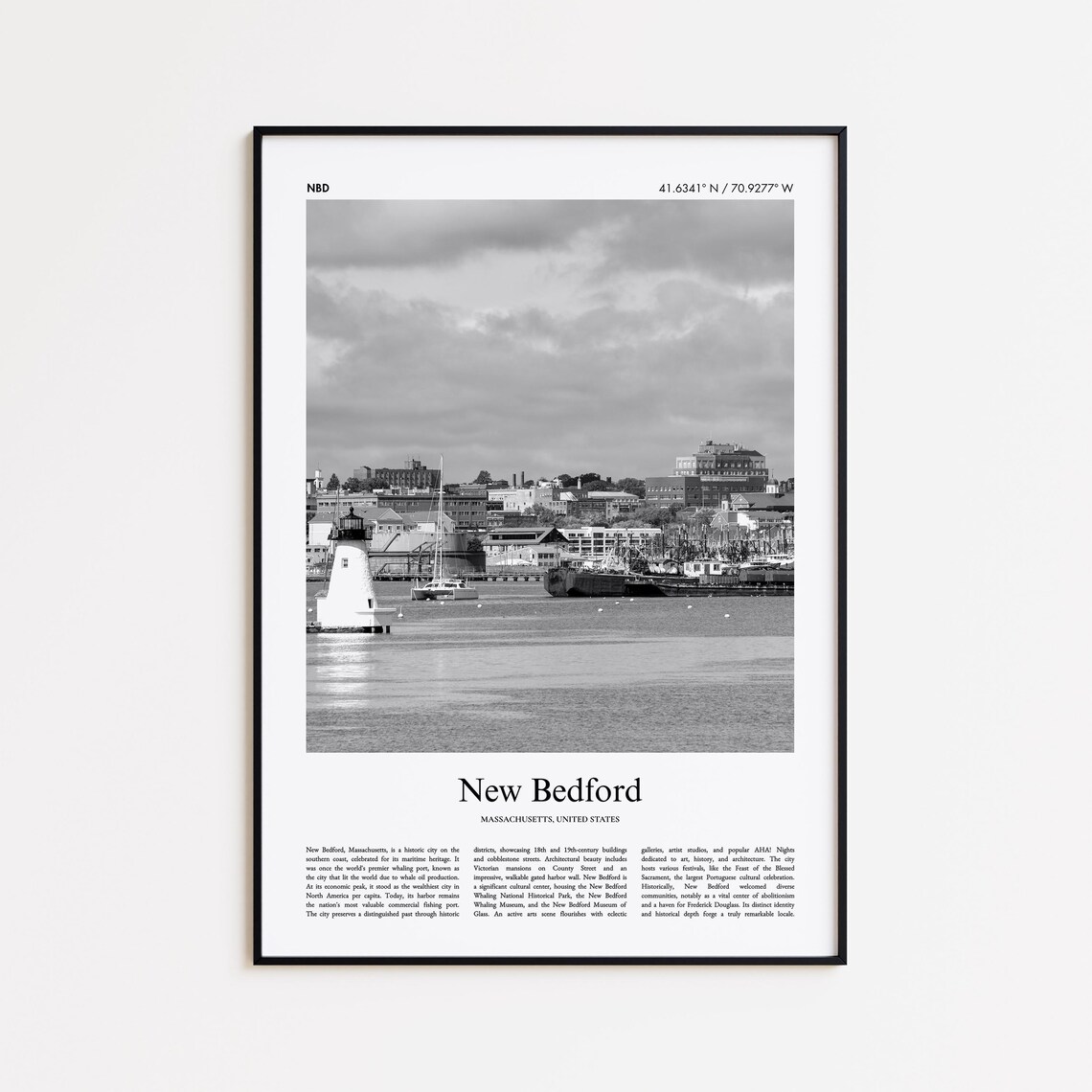 New Bedford Massachusetts Waterfront Lighthouse Black White Travel Poster