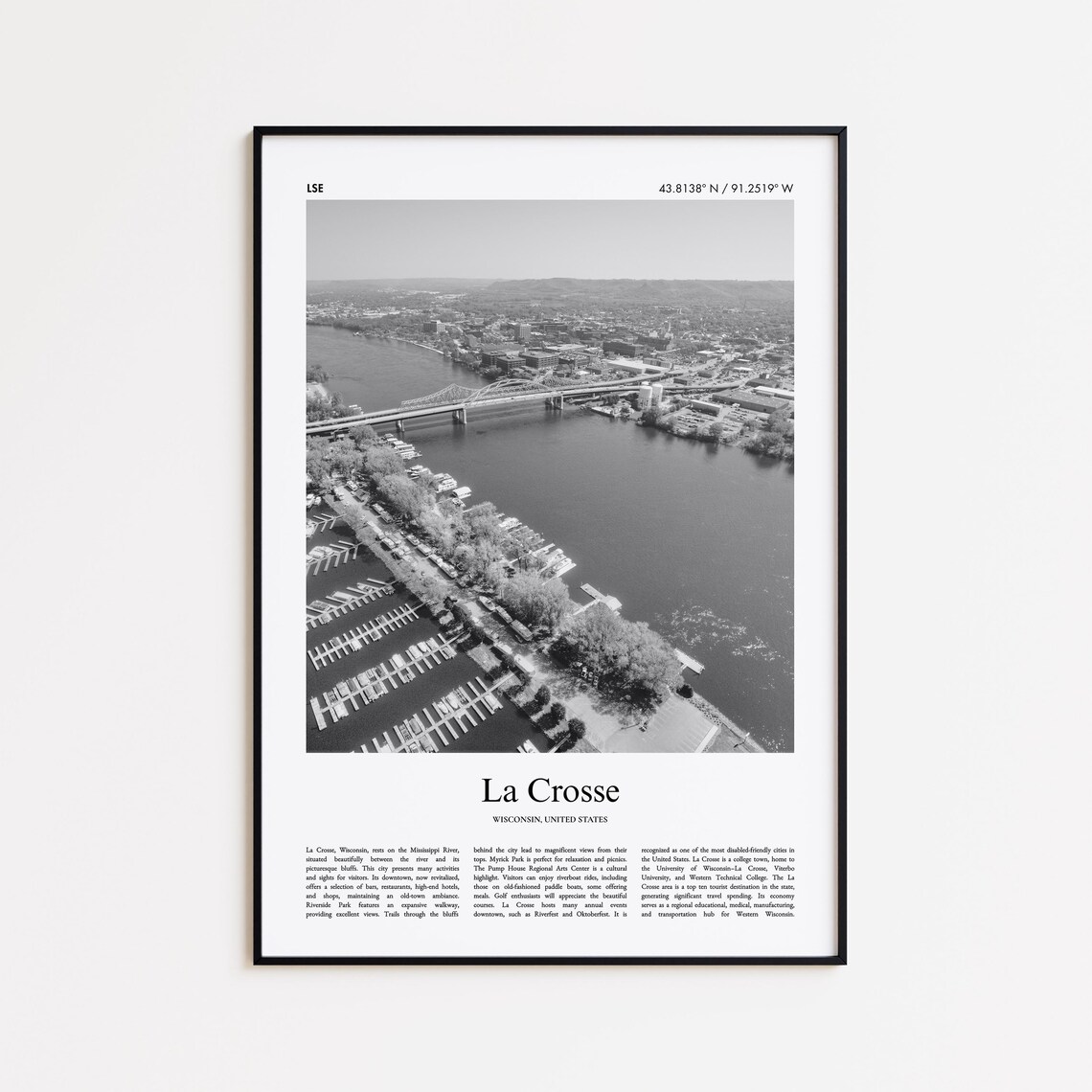 La Crosse Wisconsin River Marina Black And White Photo Travel Poster