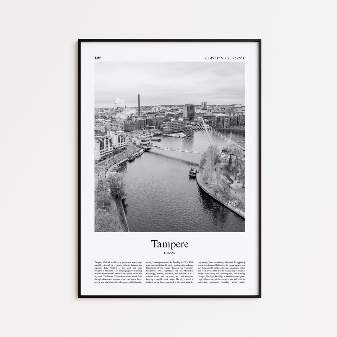 Tampere Finland Black and White Riverside Cityscape Travel Poster
