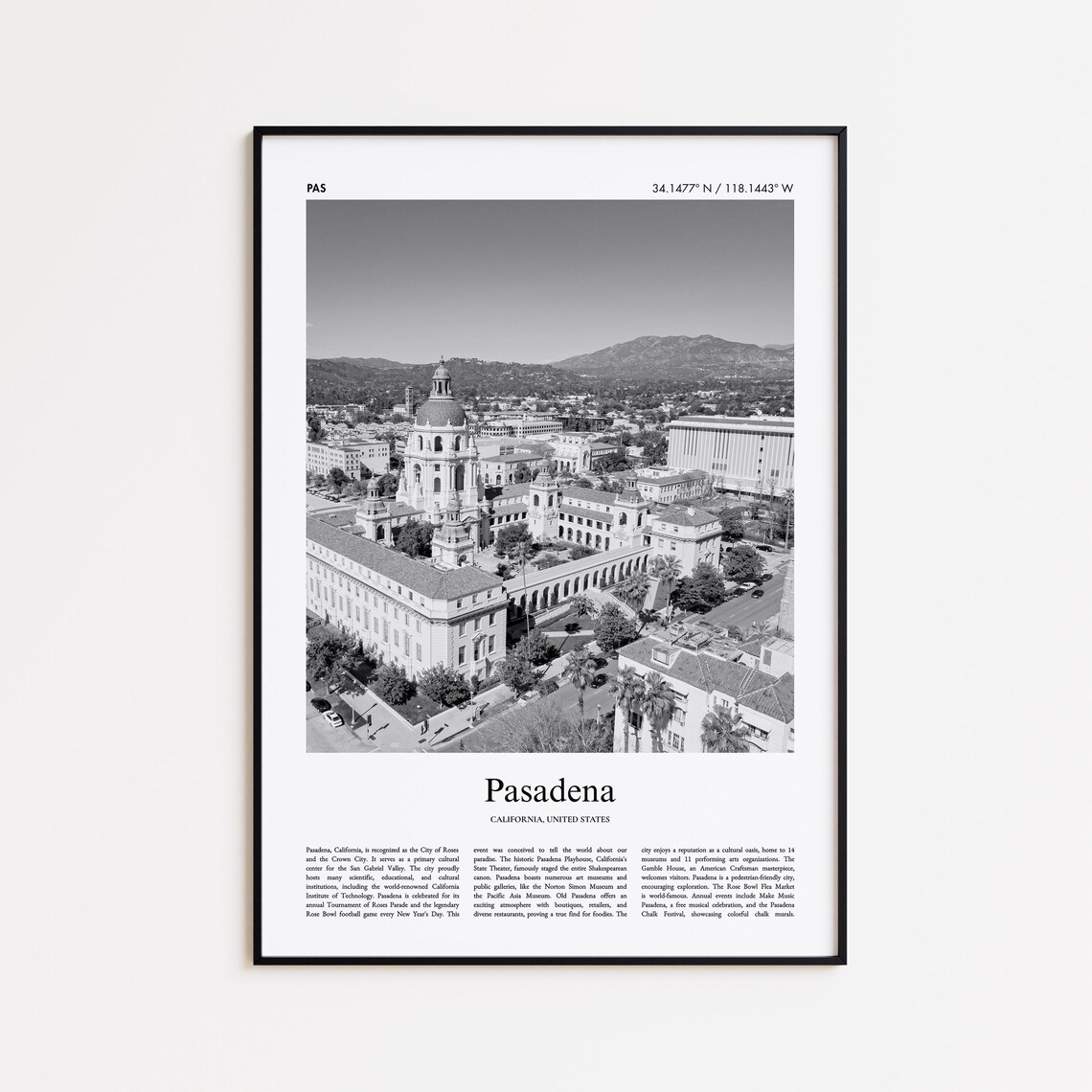 Pasadena California Black And White City Hall Aerial Photo Poster