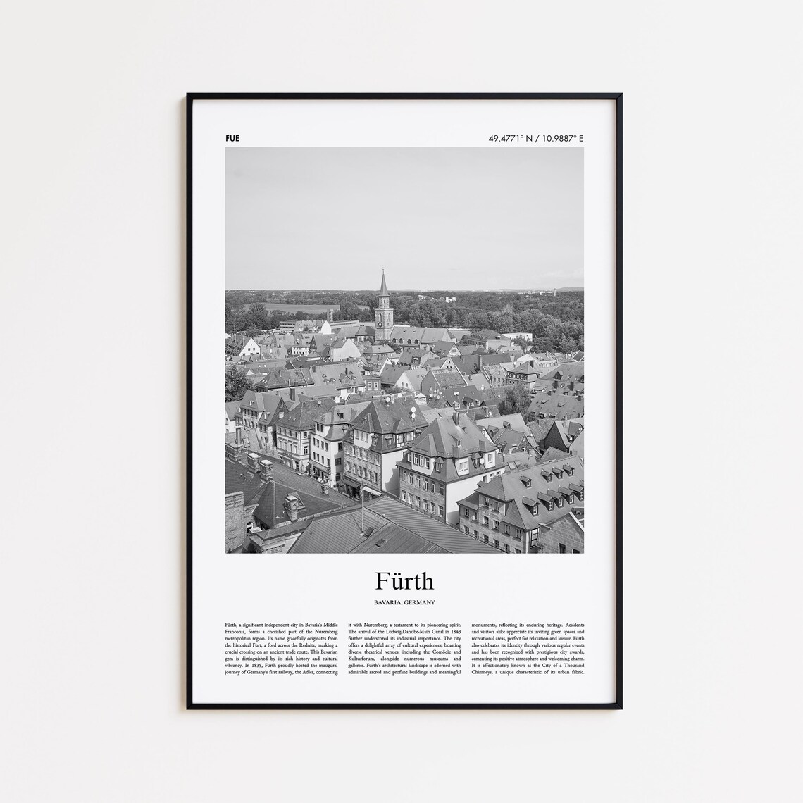 Furth Historic Old Town Rooftops Bavaria Germany Black White Poster