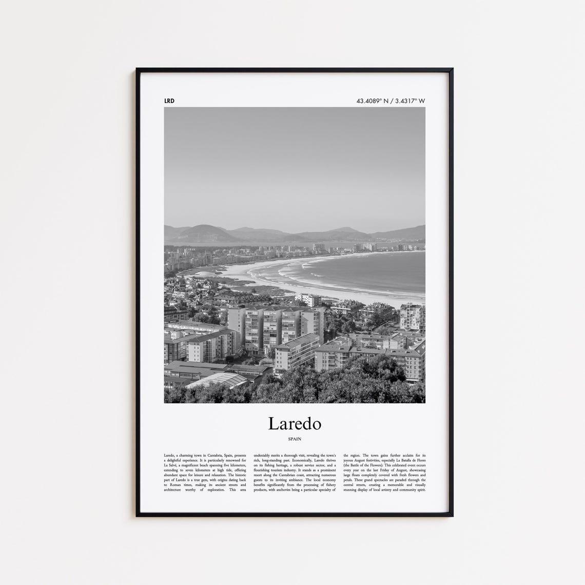 Laredo Spain Bay Beach Coastline Black and White Photo Poster