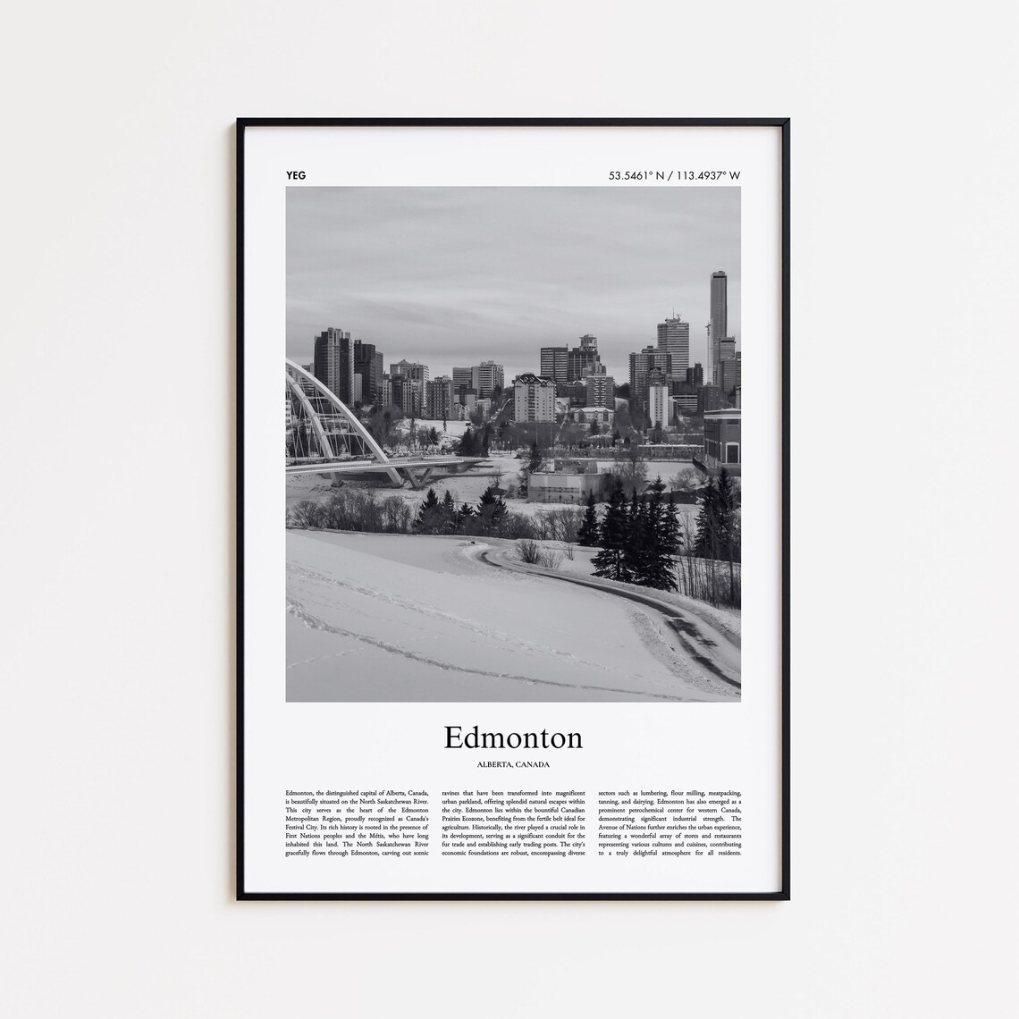 Edmonton Black and White Photo Poster with Snowy Skyline of Canada