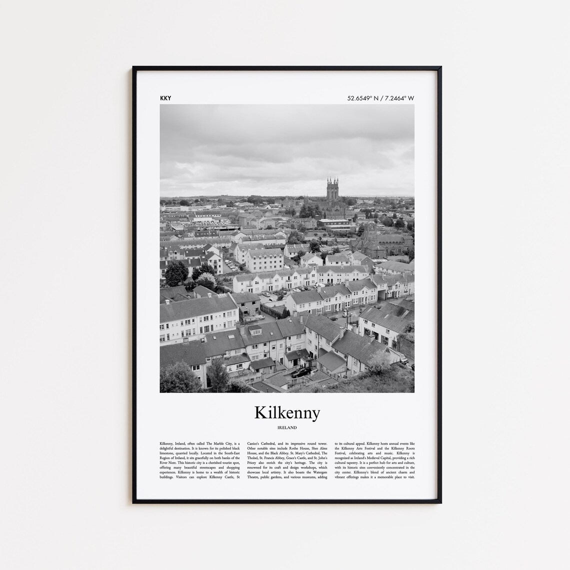 Kilkenny Ireland Black and White Medieval City Skyline Poster
