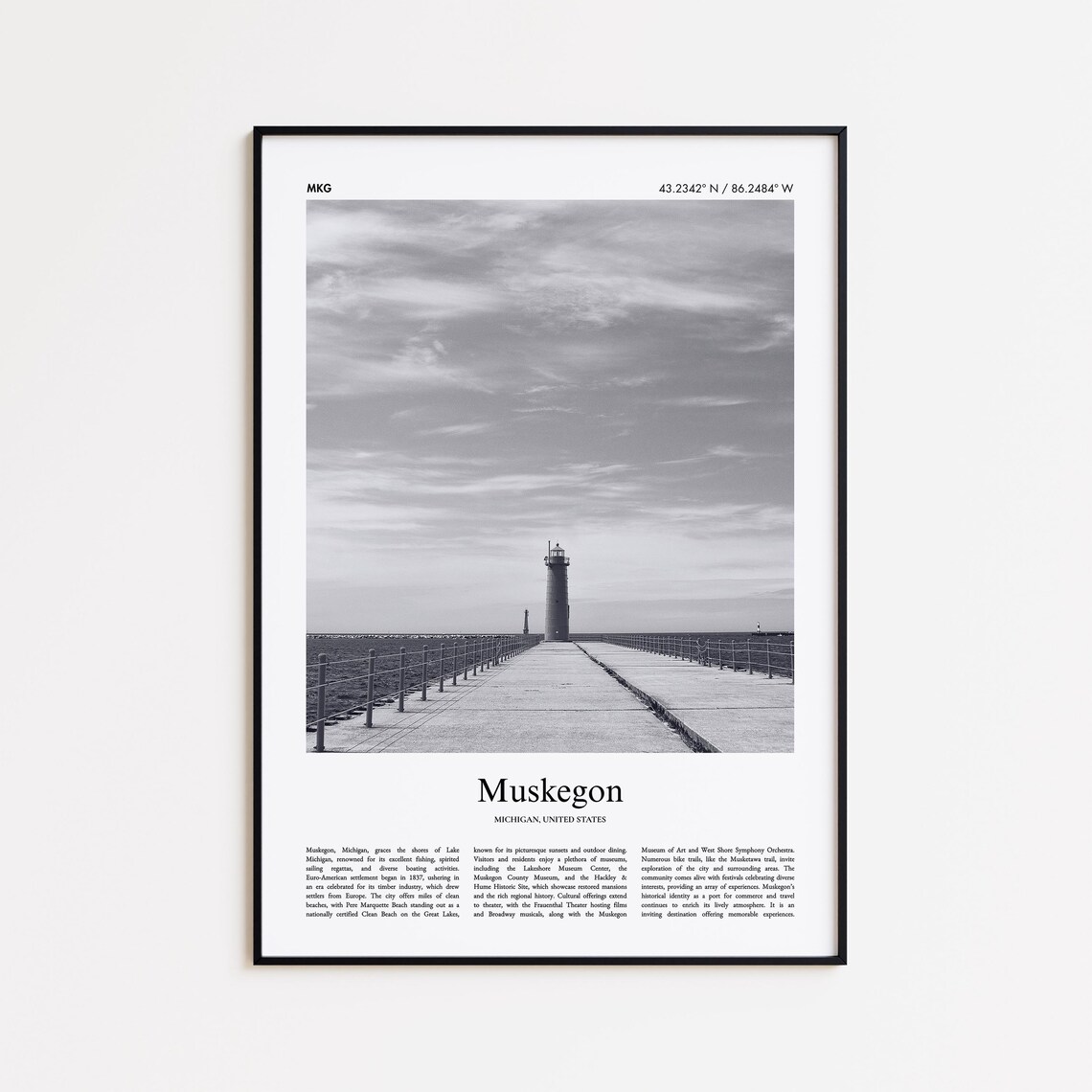 Muskegon Michigan Lighthouse Pier Black And White Photo Poster