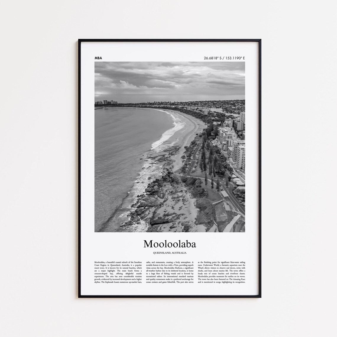 Mooloolaba Queensland Curved Beach Black And White Travel Art Poster