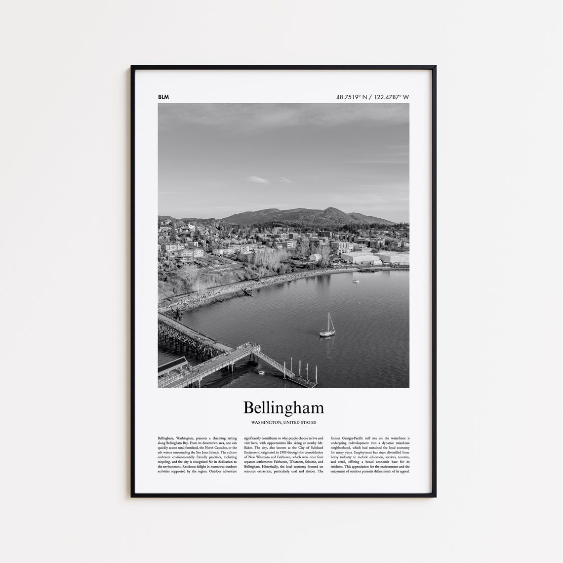 Bellingham Washington Black and White Harbor Waterfront Photo Print