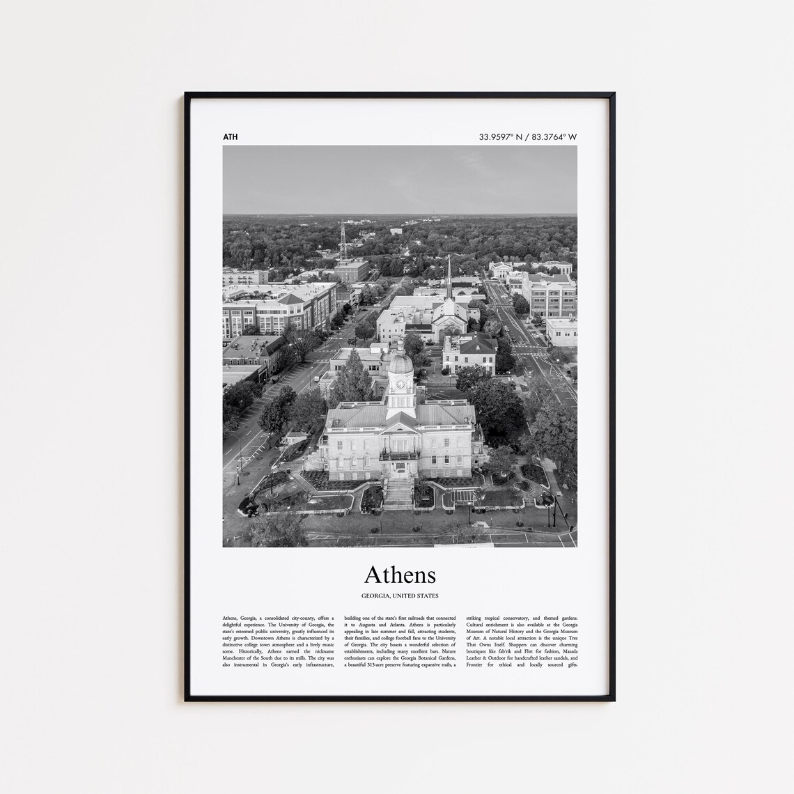 Athens Georgia Black And White Aerial Photo Travel Poster Art