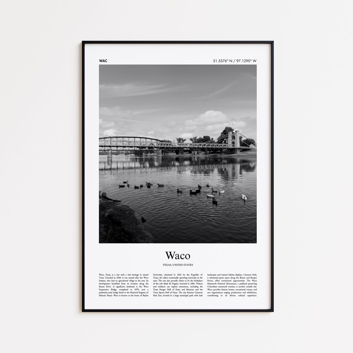 Waco Texas Black and White Suspension Bridge River Photo Poster