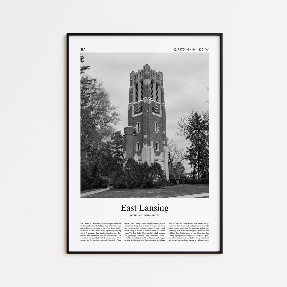 East Lansing Michigan Black and White Clock Tower Photo Poster
