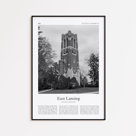 East Lansing Michigan Black and White Clock Tower Photo Poster