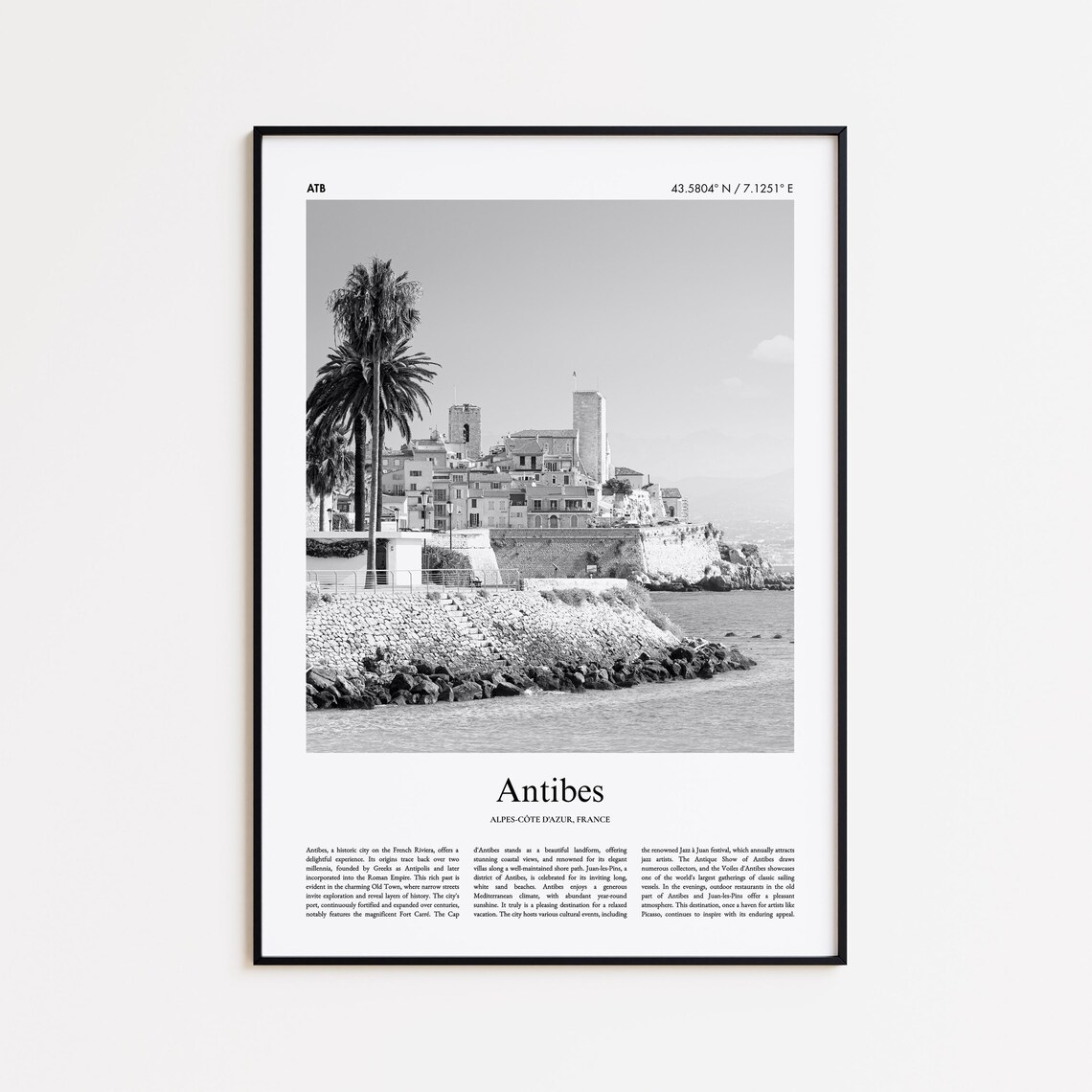 Antibes France Black and White Old Town Coastline Photo Poster