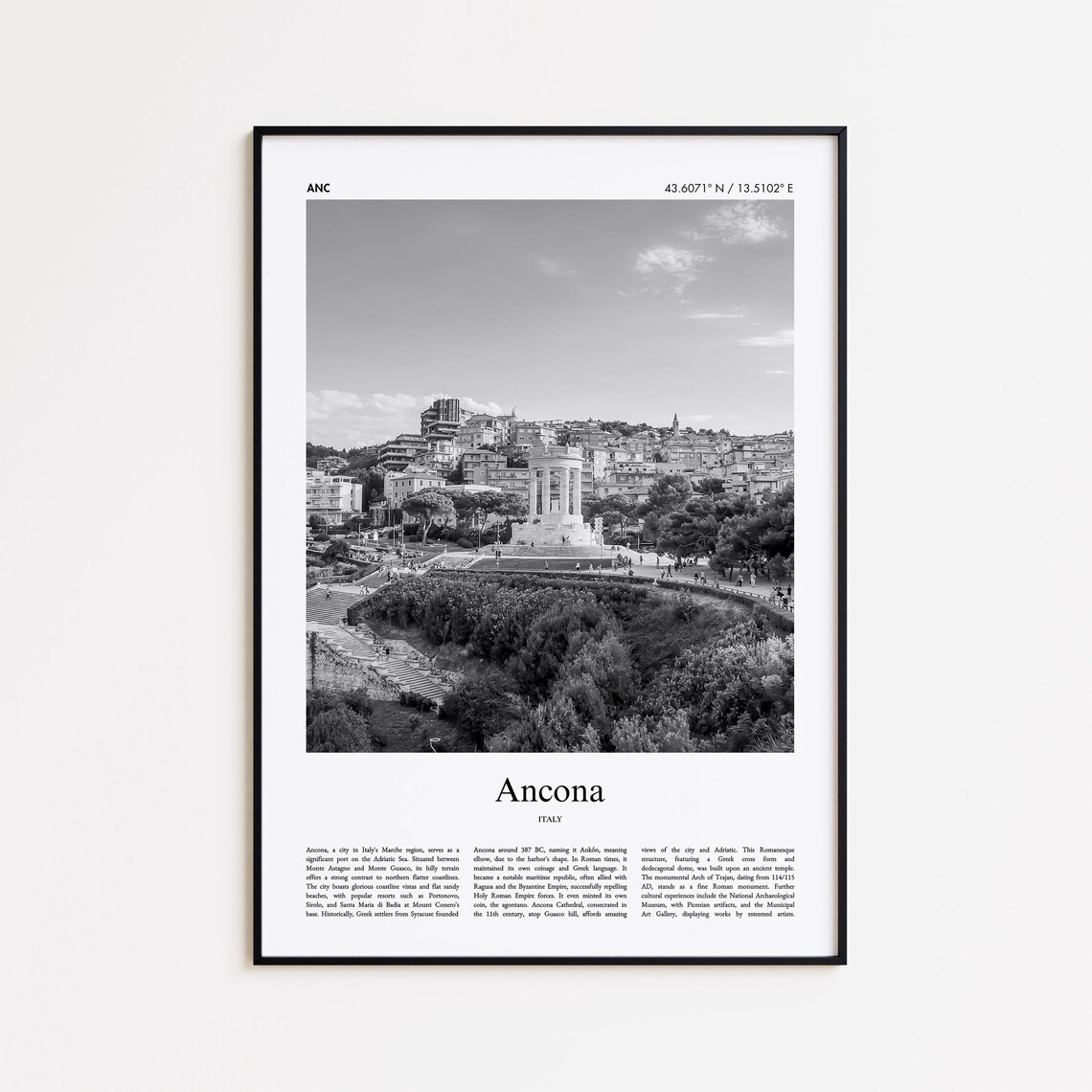 Ancona Italy Black and White Adriatic Hill Town Photo Poster