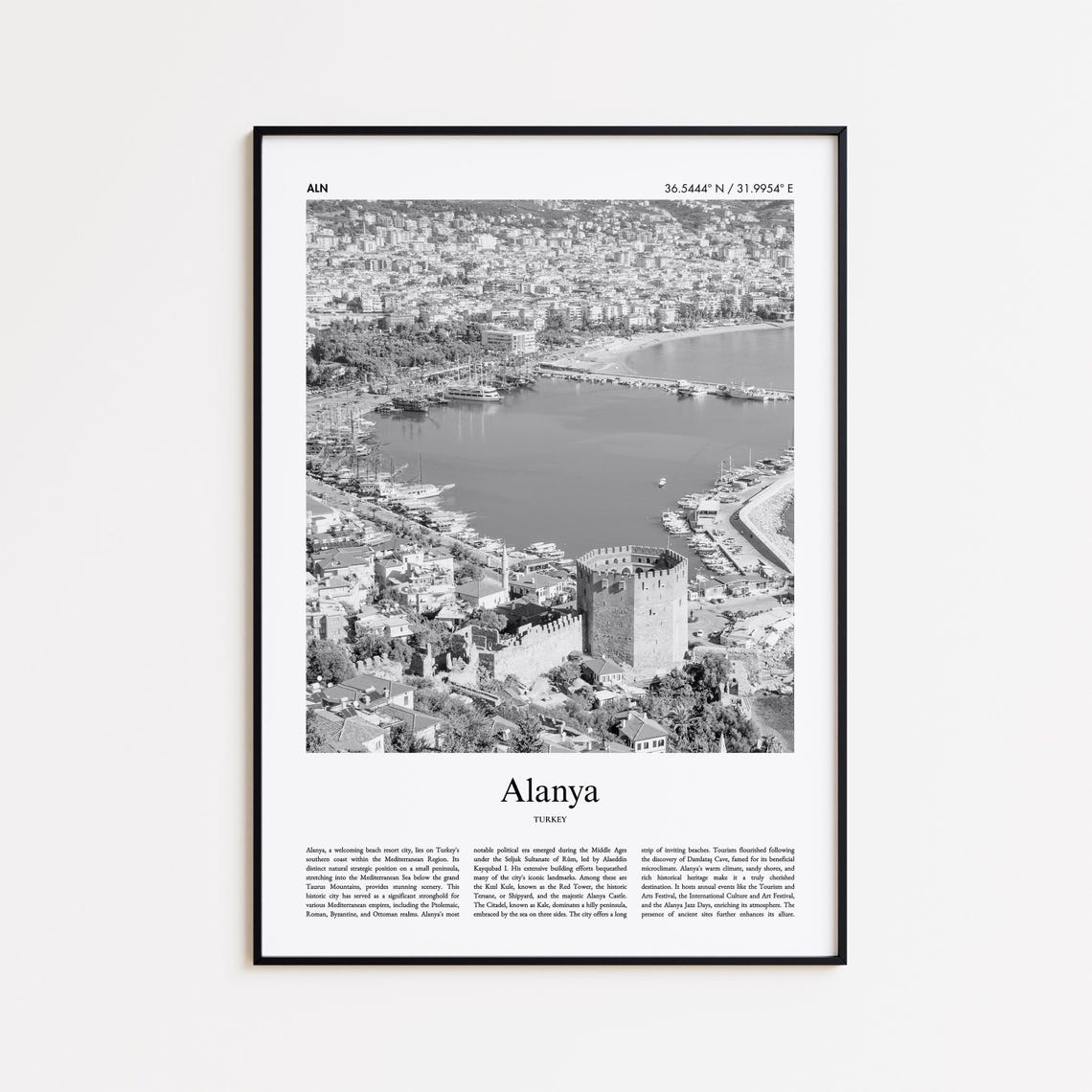 Alanya Turkey Black And White Castle Harbor Minimal Travel Poster