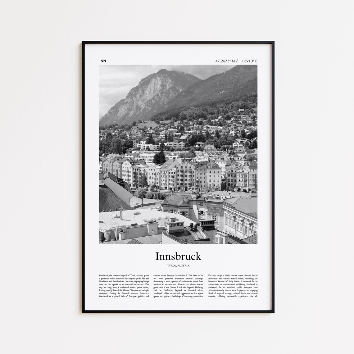 Innsbruck Old Town Nordkette Mountains Black and White Poster