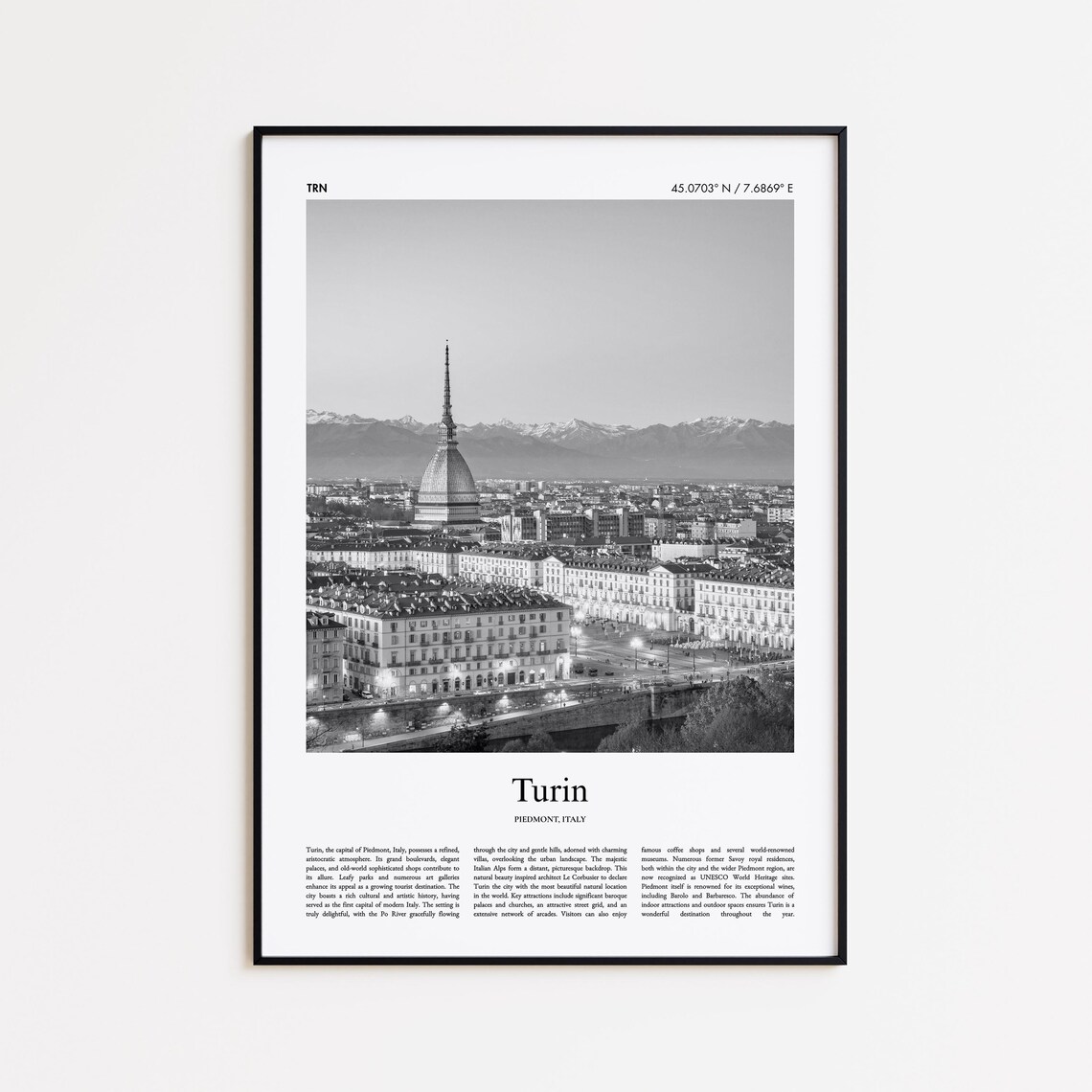 Turin Italy Black And White Skyline Photography Travel Poster