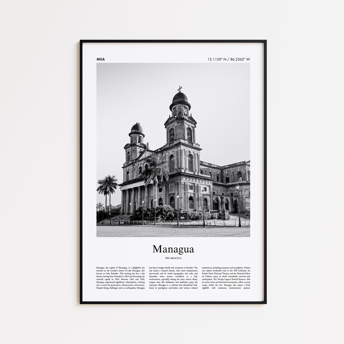 Managua Black White Photo Travel City Poster Nicaragua Decor