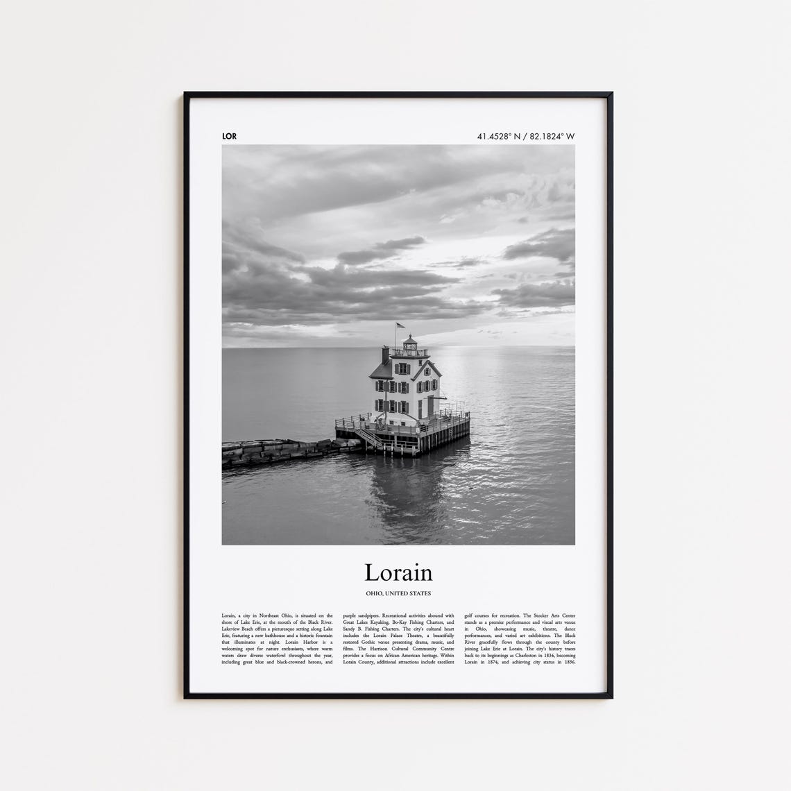 Lorain Ohio Lake Erie Lighthouse Black And White Travel Poster