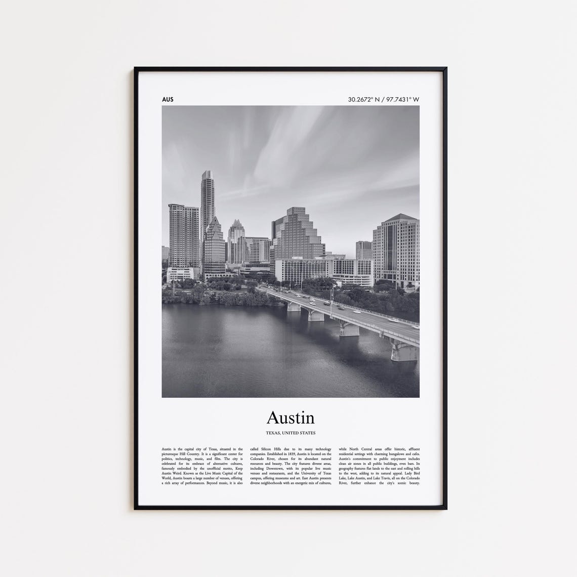 Austin Texas Black And White Downtown Skyline Bridge Photo Poster