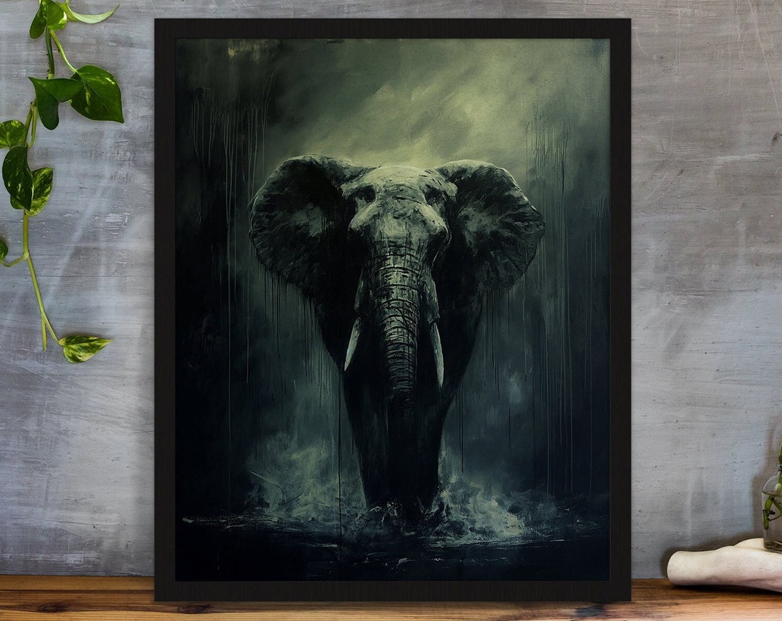 Dark Elephant Emerging in the Rain Monochrome Dramatic Animal Poster - Image 7