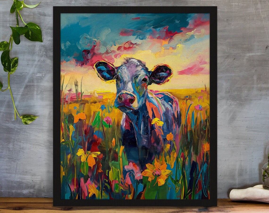 Colorful Cow in Flower Field Sunset Cheerful Farm Art Poster