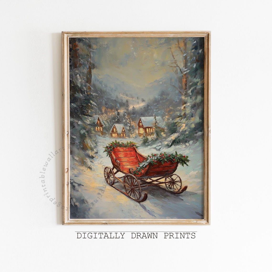 Red Christmas Sleigh Holly Decorated Snowy Village Scene Poster