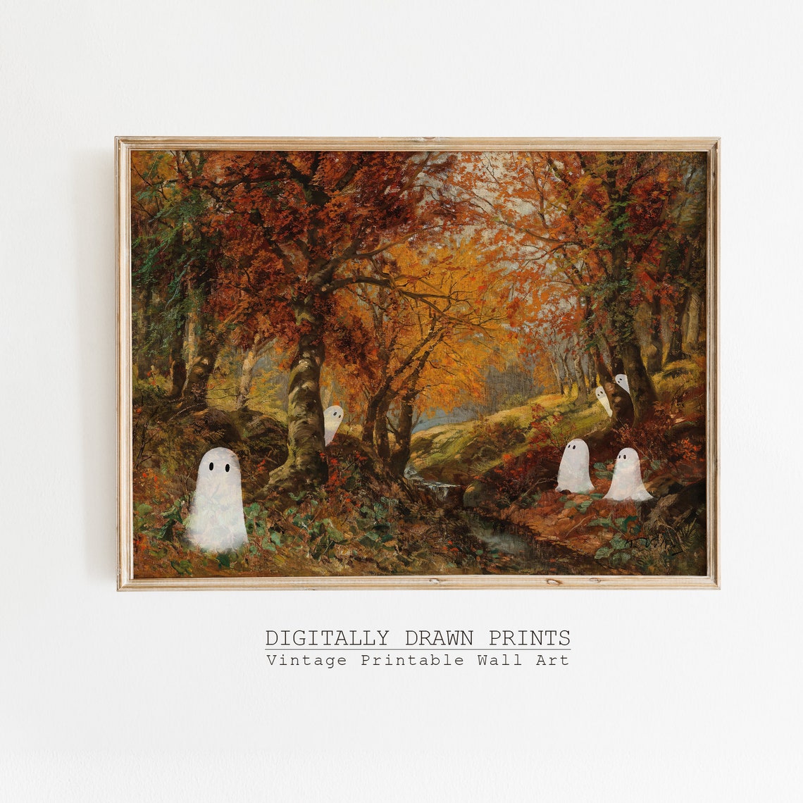 Cute Ghosts In Autumn Forest Vintage Painting Spooky Country Halloween Decor Ghost Halloween Edition Art