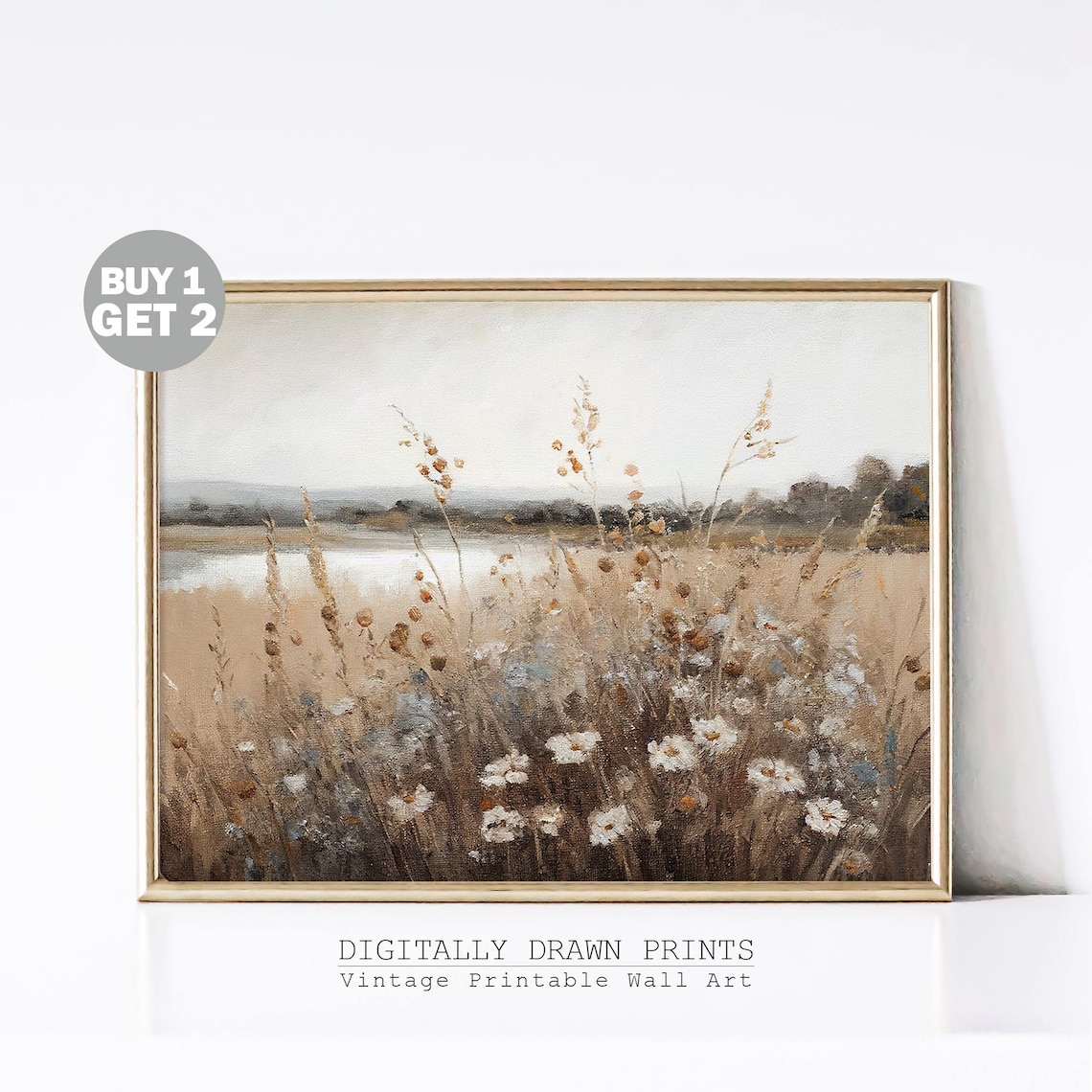 Wildflower Field Oil Painting, Vintage Farmhouse Style