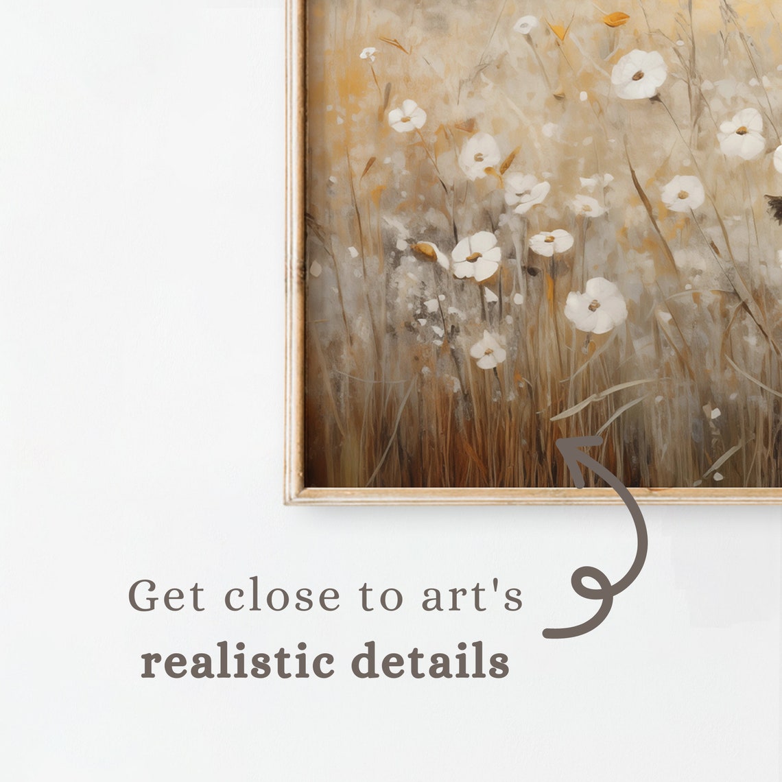 Moody White Cosmos Misty Golden Meadow Neutral Spring Wall Art - Image 3
