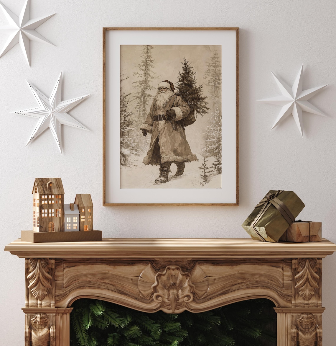 Vintage Christmas Santa Claus and Tree Art Print - Image 4