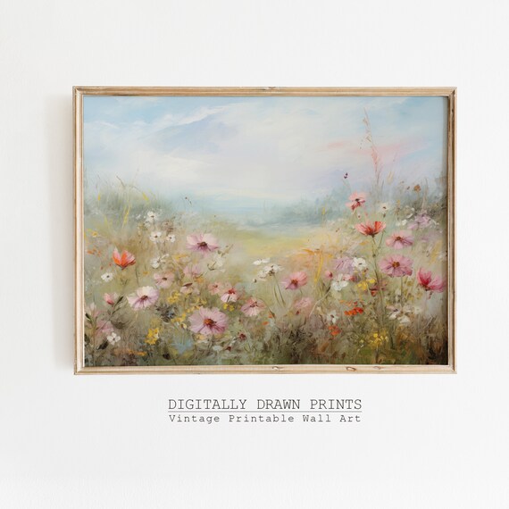 Colorful Pink Cosmos Flower Meadow Pastel Spring Vintage Oil Painting Poster