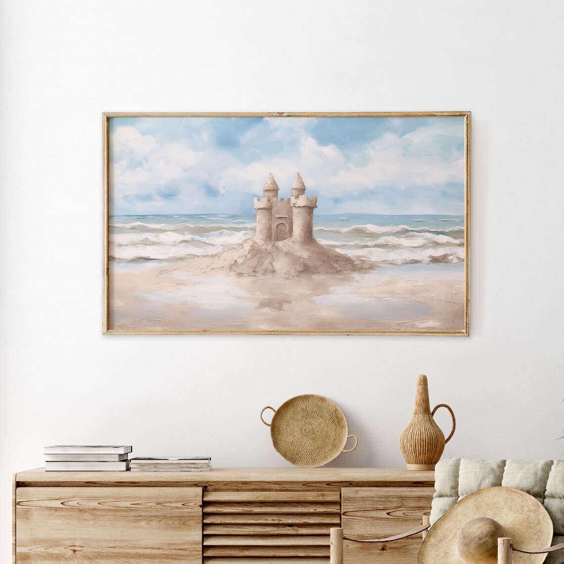 Sandcastle On Beach Vintage Ocean Waves Summer Coastal Whimsy Art Poster - Image 3