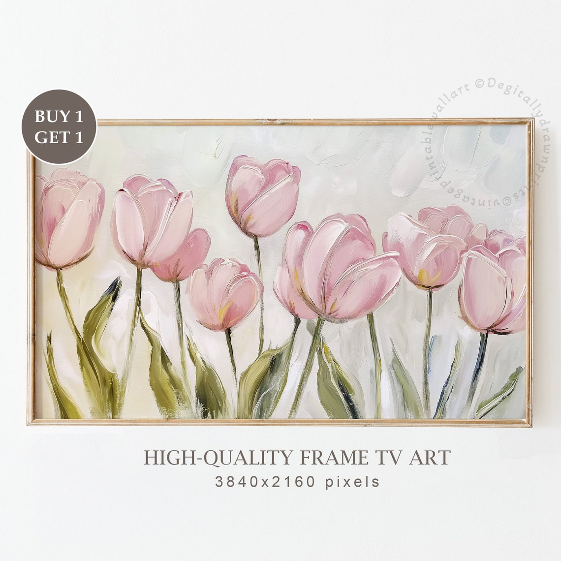 Pink Tulips on Cream Background Painterly Spring Floral Art Print