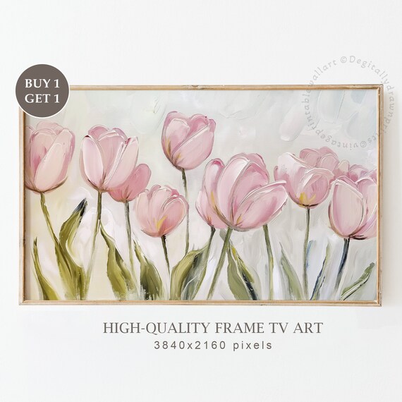 Pink Tulips on Cream Background Painterly Spring Floral Art Print